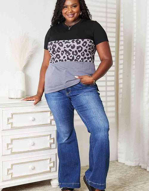 Load image into Gallery viewer, Double Take Leopard Print Color Block Short Sleeve T-Shirt
