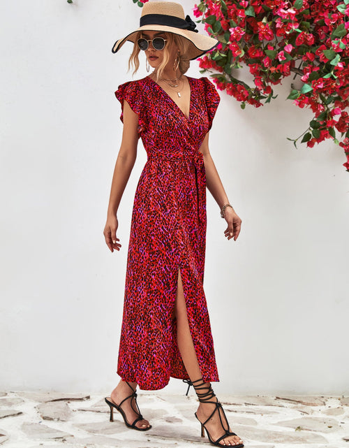 Load image into Gallery viewer, Printed Surplice Neck Flutter Sleeve Slit Dress
