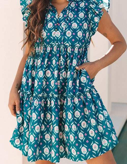 Load image into Gallery viewer, Printed Tie Neck Ruffled Cap Sleeve Dress
