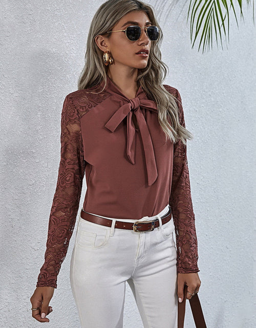 Load image into Gallery viewer, Tie Neck Spliced Lace Long Sleeve Top
