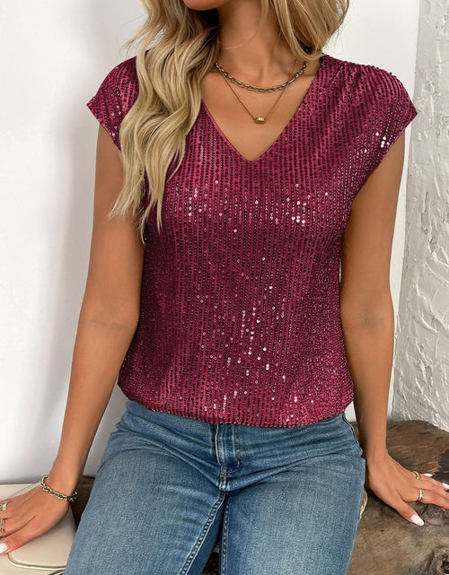 Load image into Gallery viewer, Sequin V-Neck Cap Sleeve Top
