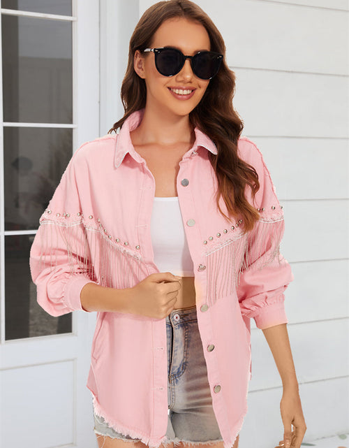 Load image into Gallery viewer, Raw Hem Fringe Detail Denim Jacket
