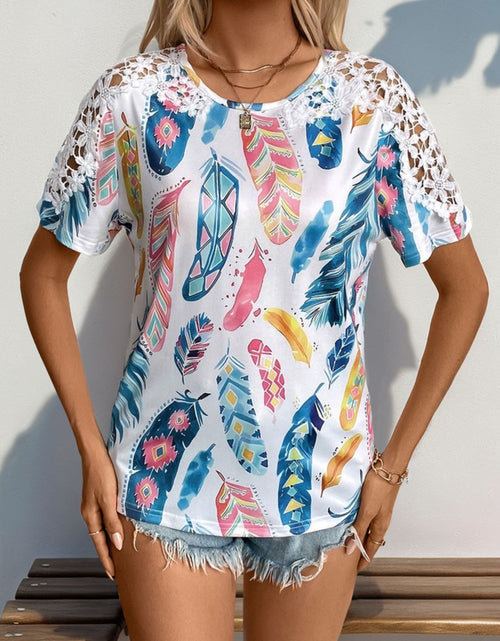 Load image into Gallery viewer, Perfee Printed Round Neck Lace Short Sleeve Top
