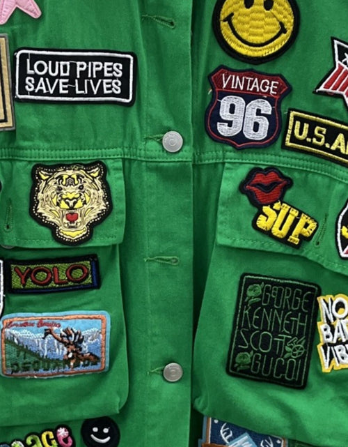 Load image into Gallery viewer, Embroidered Patch Button Up Long Sleeve Denim Jacket
