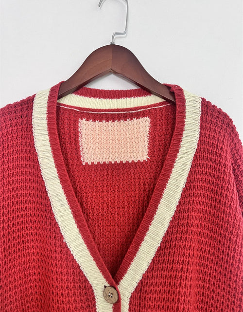 Load image into Gallery viewer, Pocketed Contrast V-Neck Long Sleeve Cardigan
