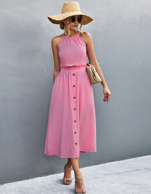 Load image into Gallery viewer, Buttoned Halter Neck Frill Trim Midi Dress
