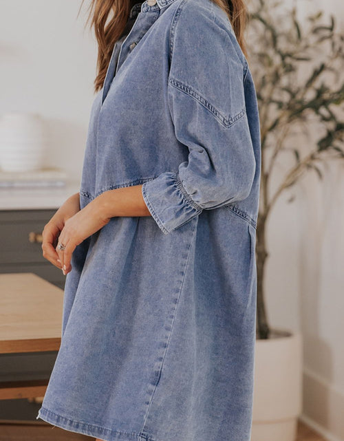 Load image into Gallery viewer, Distressed Collared Neck Flounce Sleeve Denim Dress
