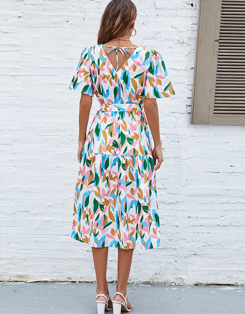 Load image into Gallery viewer, Printed Tie-Waist V-Neck Flutter Sleeve Dress
