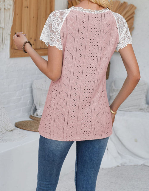 Load image into Gallery viewer, Eyelet Lace Detail V-Neck Short Sleeve Top
