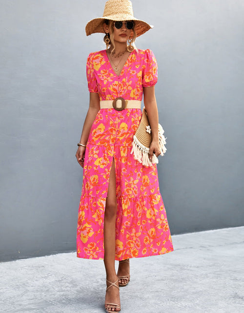 Load image into Gallery viewer, V-Neck Short Sleeve High Slit Midi Dress
