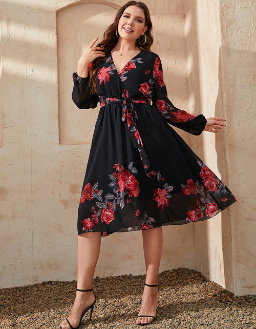 Load image into Gallery viewer, Honey Plus Size Floral Surplice Neck Tie Waist Dress
