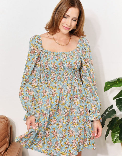 Load image into Gallery viewer, Honey Floral Smocked Flounce Sleeve Square Neck Dress
