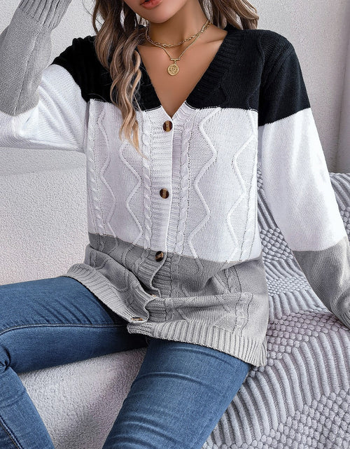 Load image into Gallery viewer, Cable-Knit Striped Button Up Cardigan
