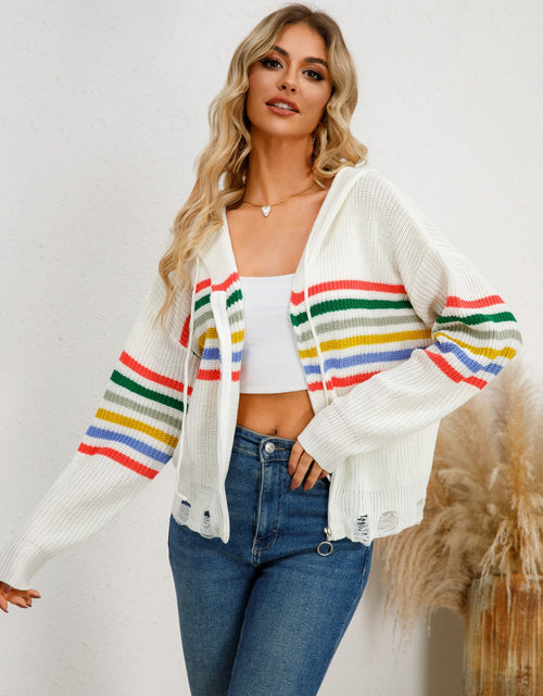 Load image into Gallery viewer, Drawstring Striped Dropped Shoulder Hooded Cardigan
