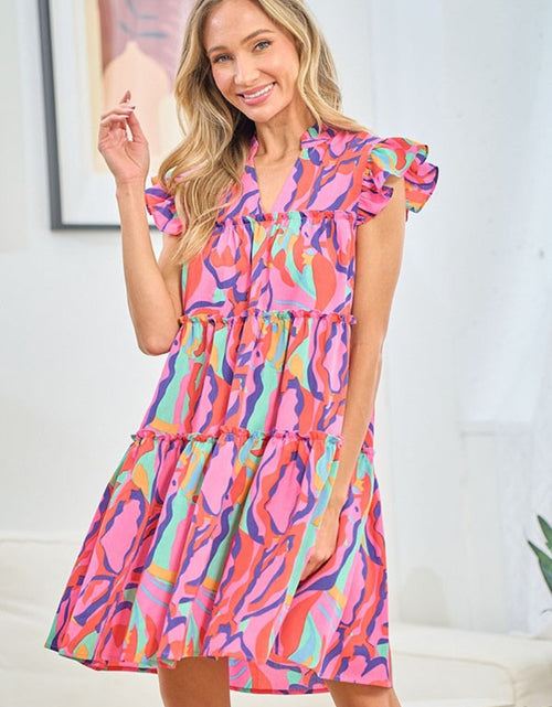 Load image into Gallery viewer, First Love Full Size Printed Ruffle Cap Sleeve Tiered Dress
