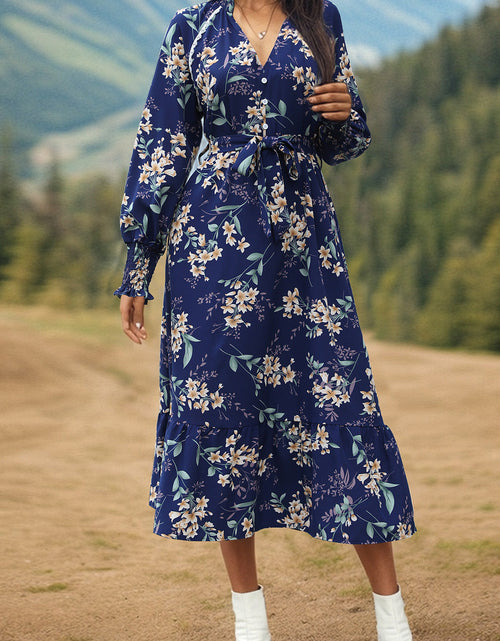 Load image into Gallery viewer, Perfee Printed Notched Lantern Sleeve Midi Dress
