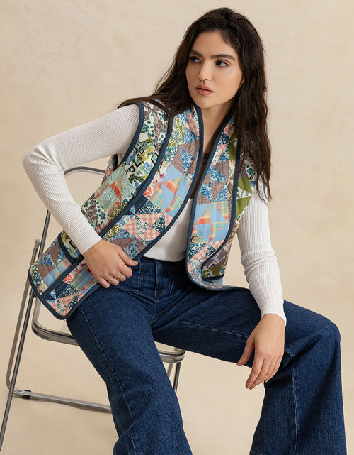 Load image into Gallery viewer, Printed Patchwork Contrast Piping Vest
