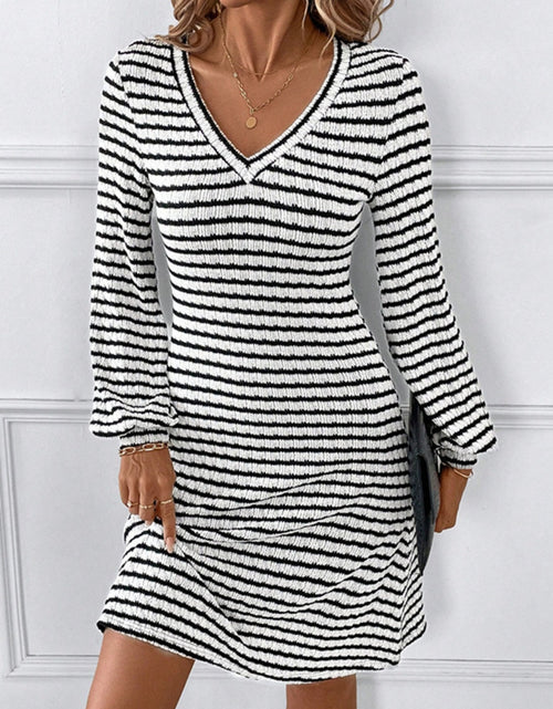 Load image into Gallery viewer, Striped V-Neck Long Sleeve Dress
