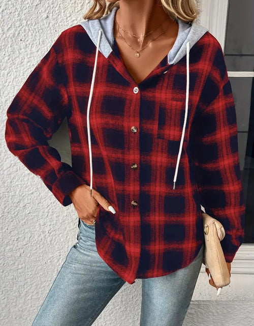 Load image into Gallery viewer, Plaid Drawstring Button Up Hooded Jacket
