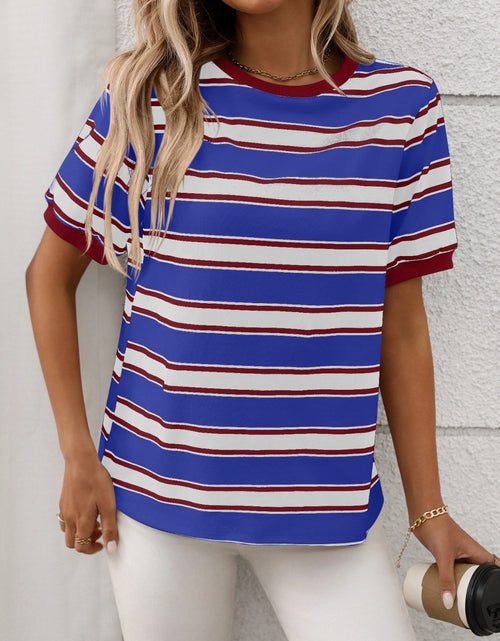 Load image into Gallery viewer, Contrast Striped Round Neck Short Sleeve T-Shirt
