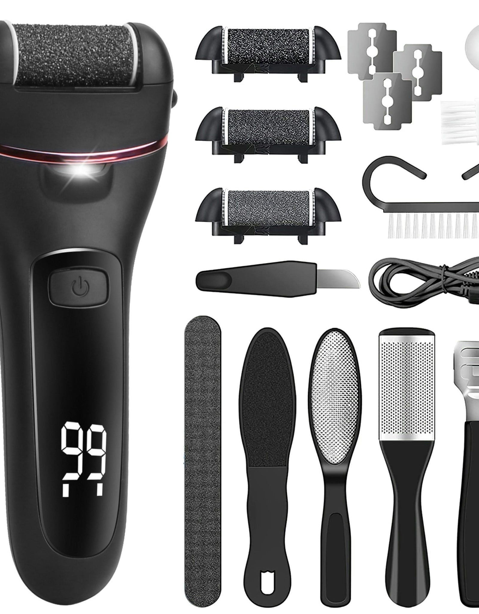Electric Foot Callus Remover Foot Grinder Rechargeable Foot File Dead Skin Pedicure Machine w/ 3 Roller Heads 2 Speeds 18 in 1 Foot Care Tool