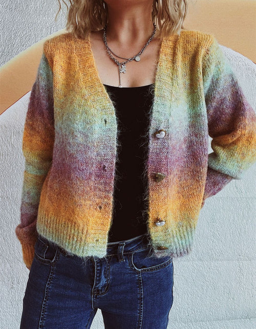 Load image into Gallery viewer, Gradient Heart Shape Button V-Neck Cardigan
