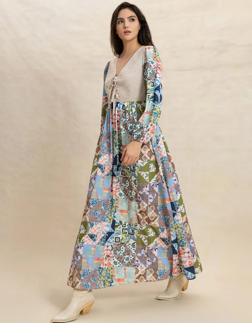 Load image into Gallery viewer, Tied Front Printed Long Sleeve Maxi Dress
