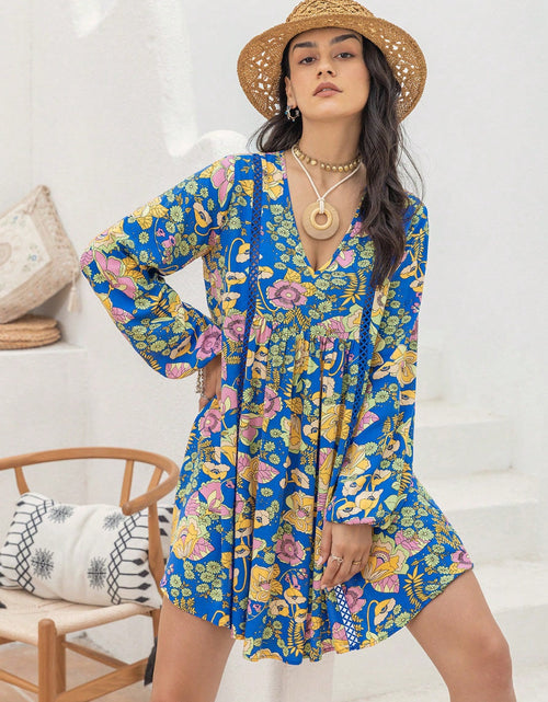 Load image into Gallery viewer, Printed V-Neck Balloon Sleeve Mini Dress
