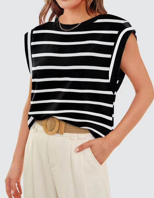 Load image into Gallery viewer, Florira Striped Round Neck Cap Sleeve T-Shirt
