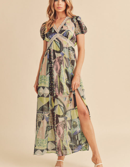 Load image into Gallery viewer, Aemi + Co Lace Detail Slit Geometric Print Short Sleeve Maxi Dress
