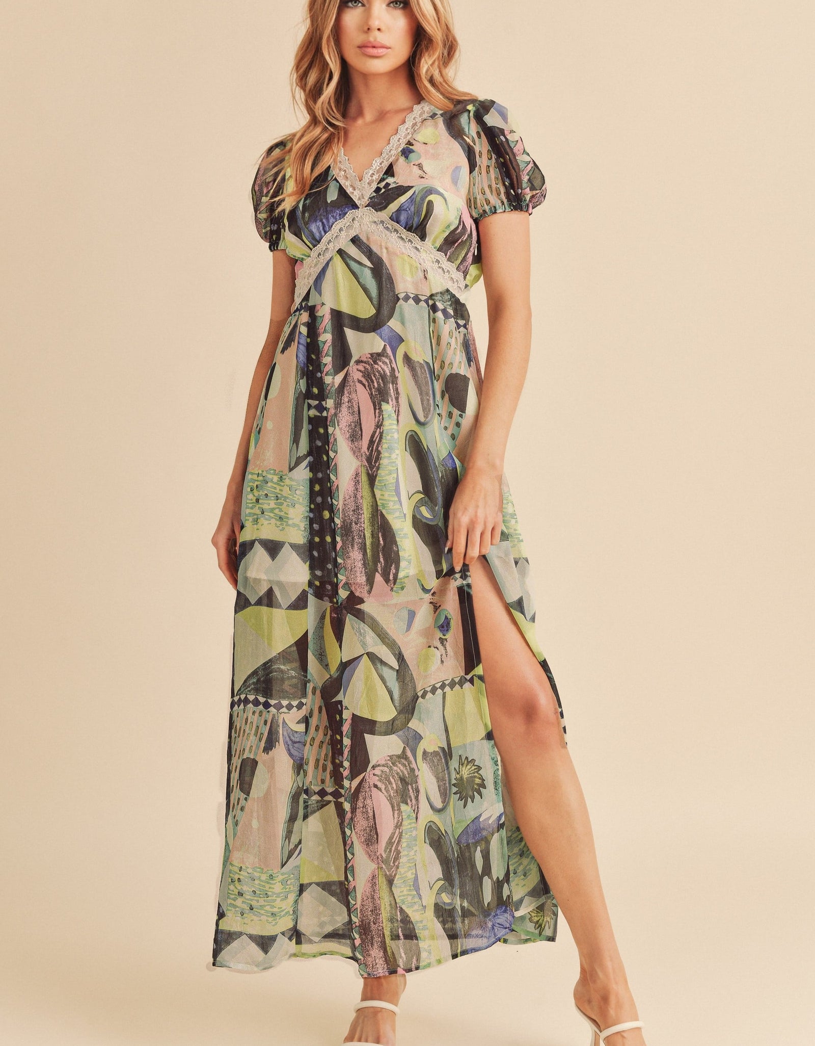Aemi + Co Lace Detail Slit Geometric Print Short Sleeve Maxi Dress