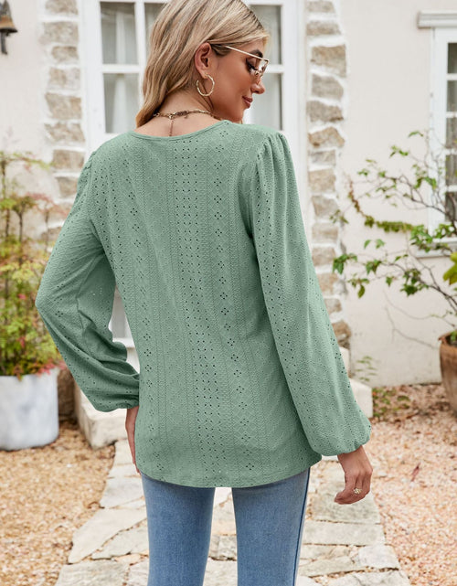 Load image into Gallery viewer, Eyelet Notched Neck Balloon Sleeve Blouse
