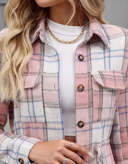 Load image into Gallery viewer, Drawstring Plaid Button Up Jacket with Chest Pockets
