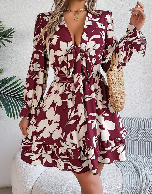 Load image into Gallery viewer, Tied Ruffled Printed Long Sleeve Dress
