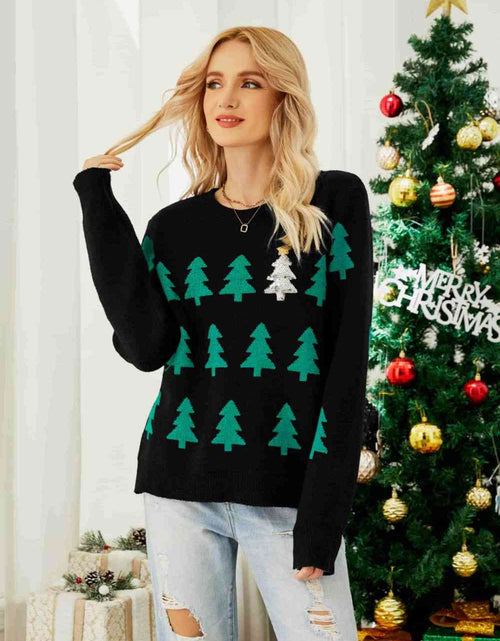 Load image into Gallery viewer, Christmas Tree Round Neck Ribbed Trim Sweater
