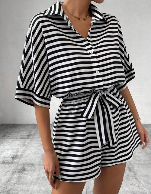 Load image into Gallery viewer, Tie Waist Half Button Striped Romper
