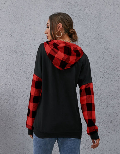 Load image into Gallery viewer, Plaid Drawstring Dropped Shoulder Hoodie
