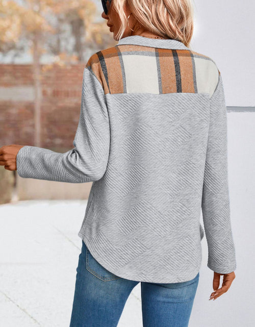 Load image into Gallery viewer, Perfee Spliced Plaid Quarter-Snap Mock Neck Top
