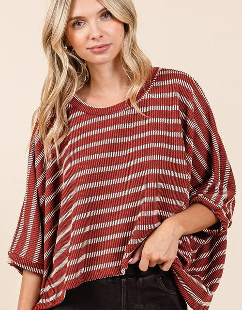 Load image into Gallery viewer, Mittoshop Texture Striped Print Round Neck Dolman Sleeve Top
