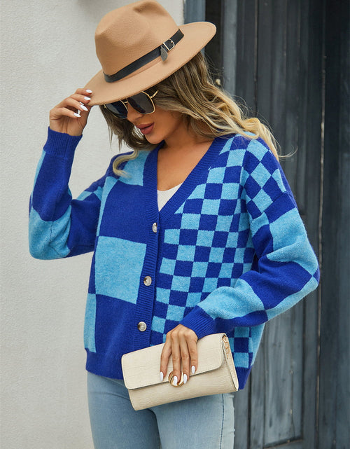 Load image into Gallery viewer, Angel Wings Plaid V-Neck Dropped Shoulder Cardigan
