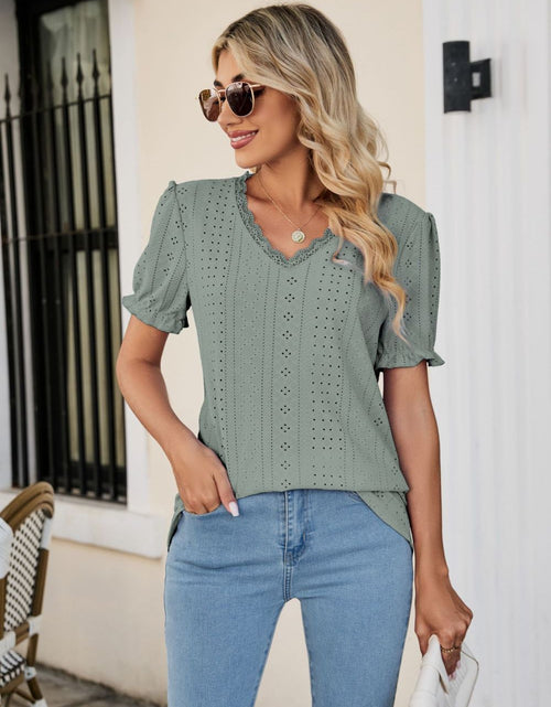 Load image into Gallery viewer, Eyelet Flounce Sleeve Scalloped V-Neck Top
