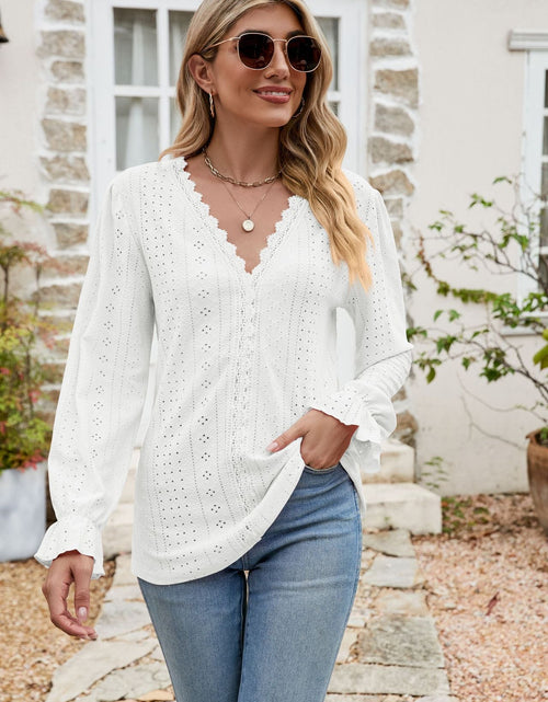Load image into Gallery viewer, Eyelet Lace Trim Flounce Sleeve Blouse
