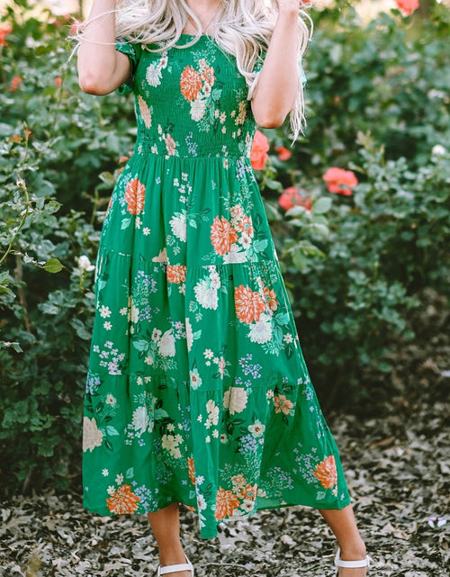 Load image into Gallery viewer, Floral Print Bubble Sleeve Smocked Tiered Midi Dress
