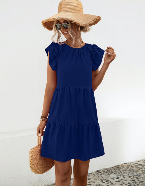 Load image into Gallery viewer, Ruffled Round Neck Cap Sleeve Mini Dress
