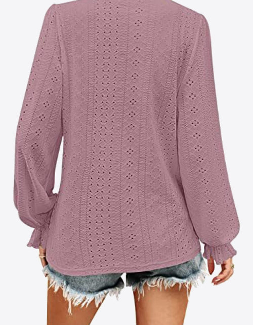 Load image into Gallery viewer, Eyelet V-Neck Flounce Sleeve Blouse

