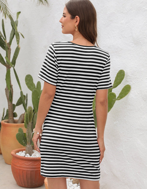Load image into Gallery viewer, Cutout Striped Round Neck Short Sleeve Dress
