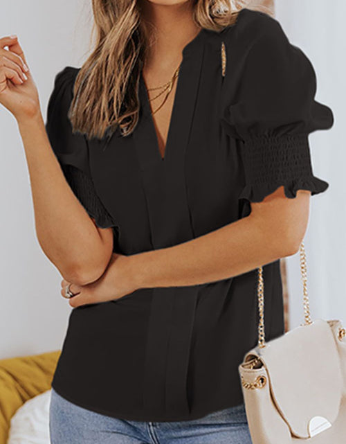 Load image into Gallery viewer, Smocked Flounce Sleeve Notched Neck Blouse
