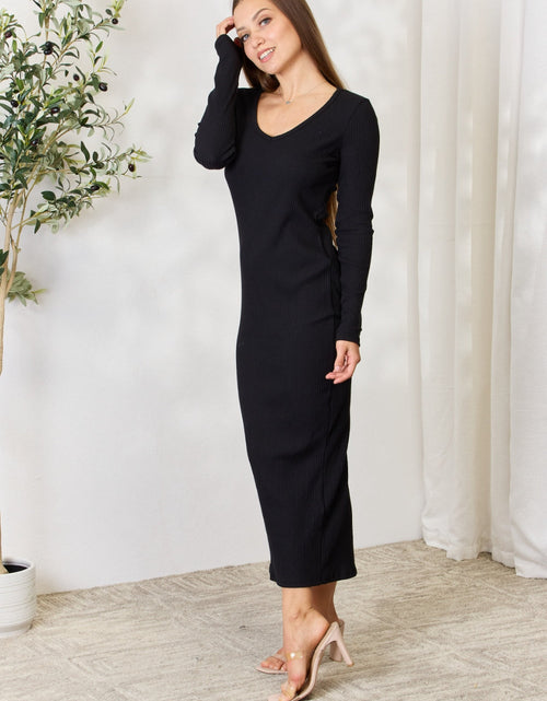 Load image into Gallery viewer, Culture Code Full Size Ribbed Long Sleeve Midi Slit Dress
