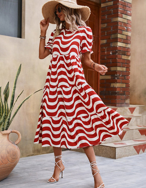 Load image into Gallery viewer, Wavy Striped Round Neck Short Sleeve Dress
