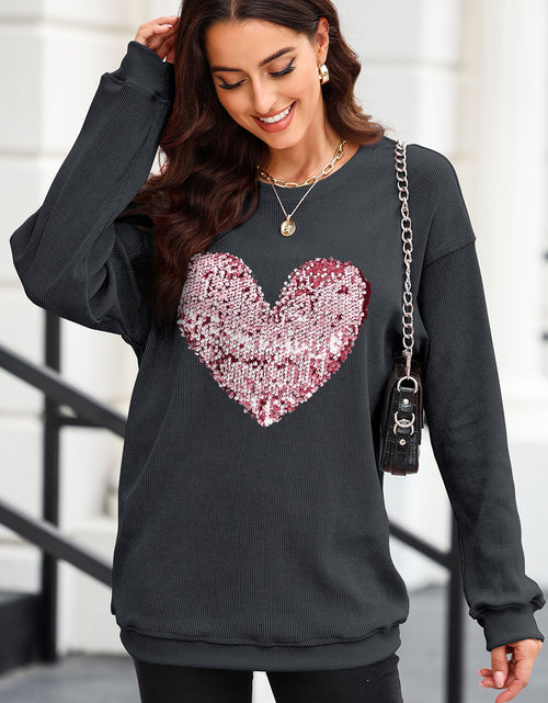 Load image into Gallery viewer, Heart Sequin Round Neck Sweatshirt
